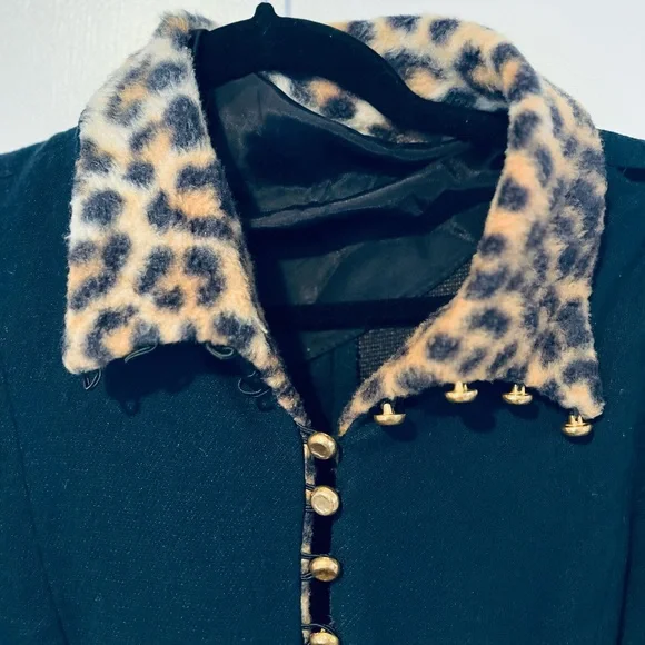 Vintage Black Wool Dress with Leopard Print Cuffs and Brass Buttons - Picture 2 of 3